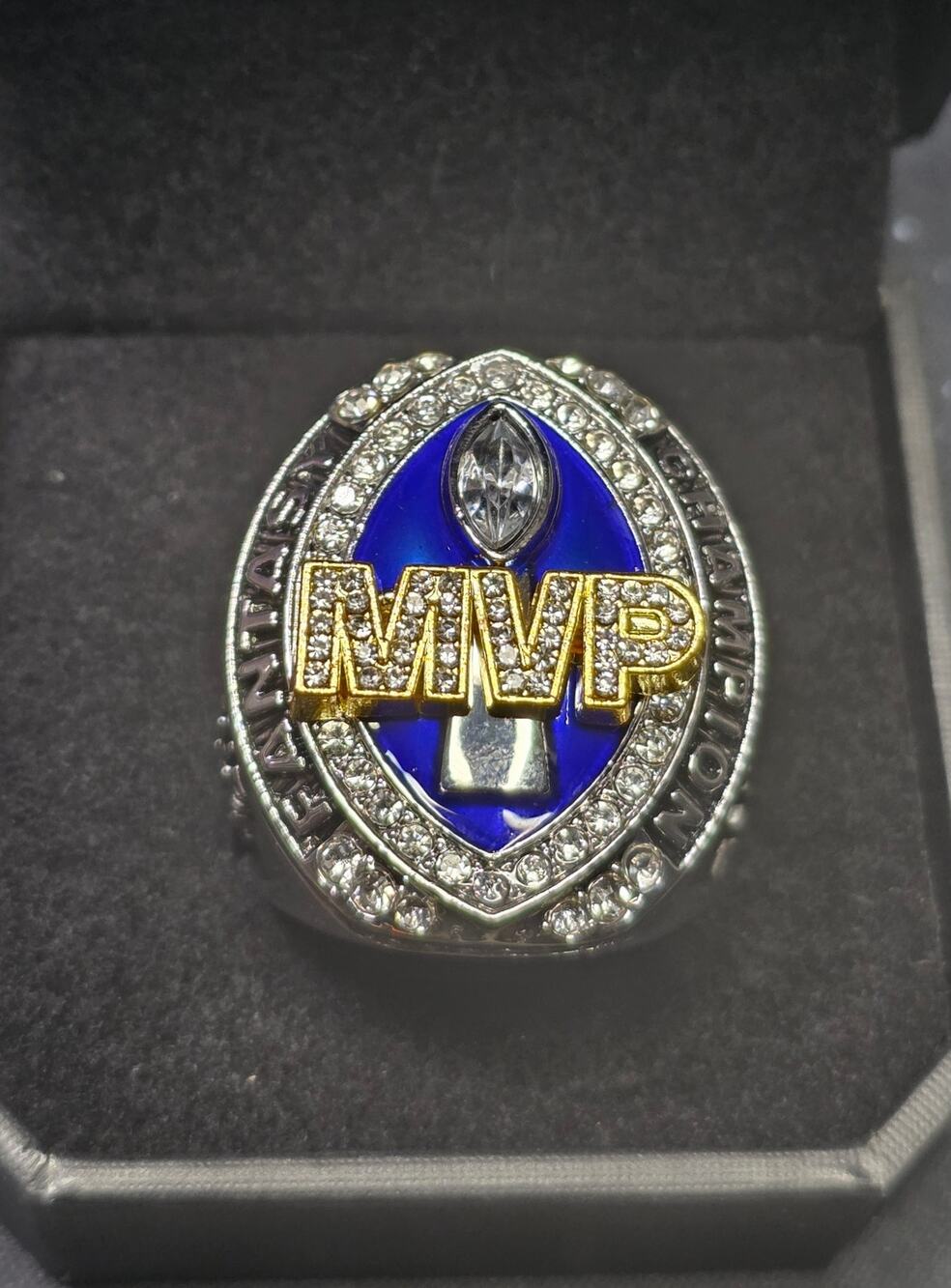 Fantasy Football MVP Champion Ring Size 11 Blue Rhinestone w/ Display Box